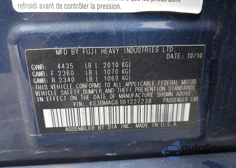 2011 Subaru Legacy 2.5I Premium z USA, uszkodzony, nr VIN 4S3BMAG61B1227238